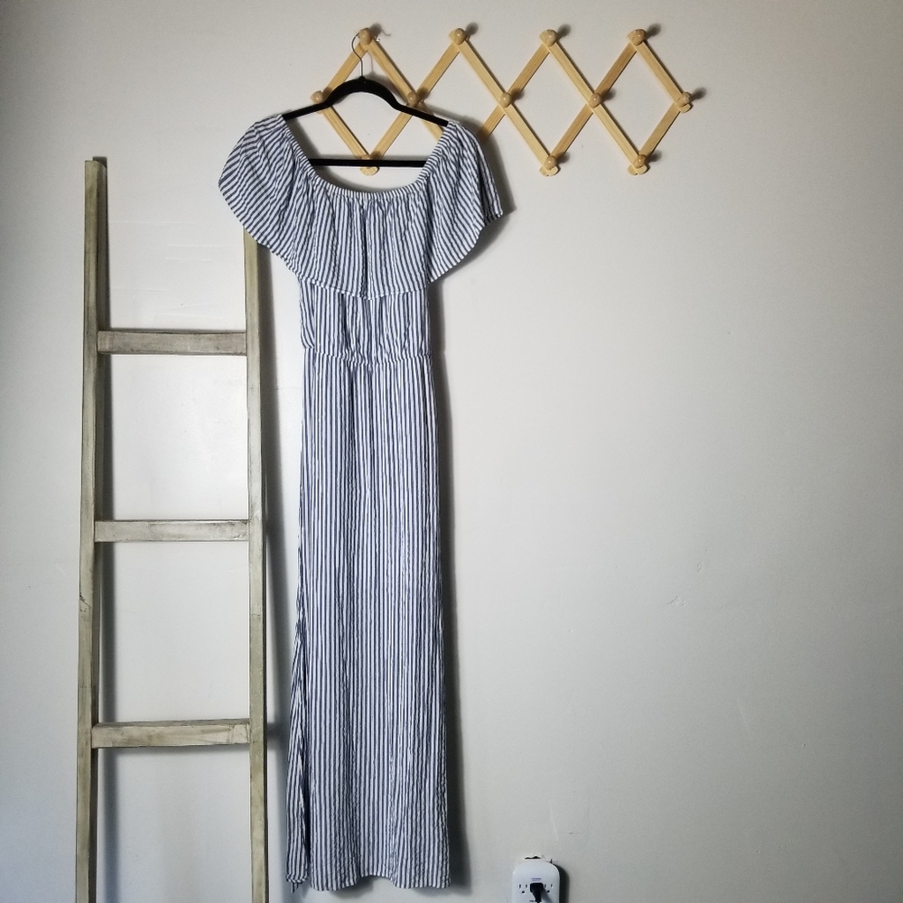 MAURICES BLUE AND WHITE STRIPED OFF THE SHOULDER MAXI DRESS SIZE SMALL